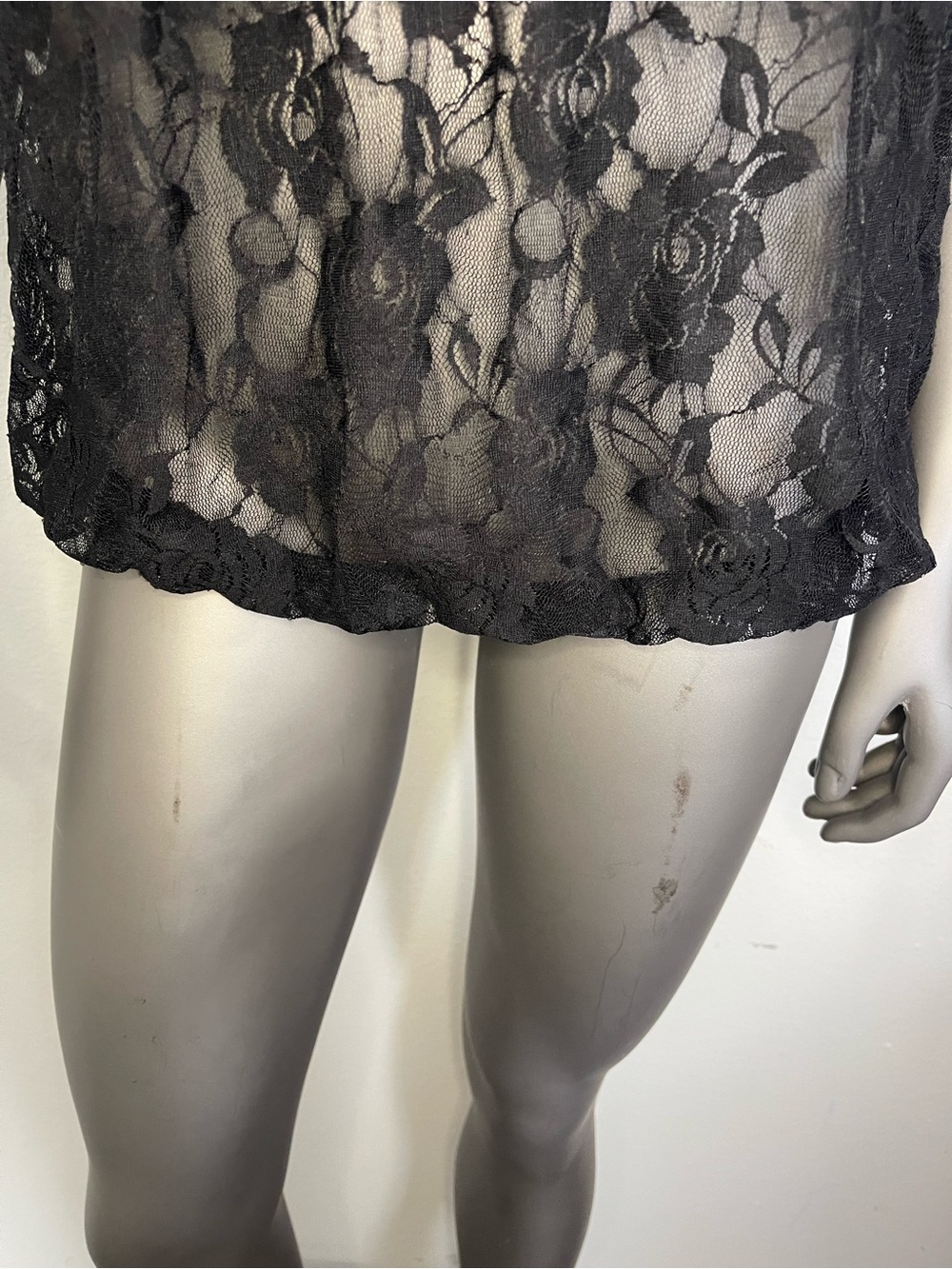 French Atmosphere Lace Top L Black Elastic Waist Sheer Puff Sleeve Peasant Sexy - Picture 5 of 13